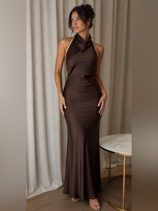 Zara Dresses & Skirts - Zara Brown Satin Cowl Neck Midi Dress